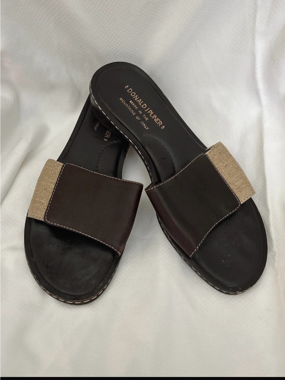 Donald J. Pliner Dark Brown & Tan Leather Slide Sandals
